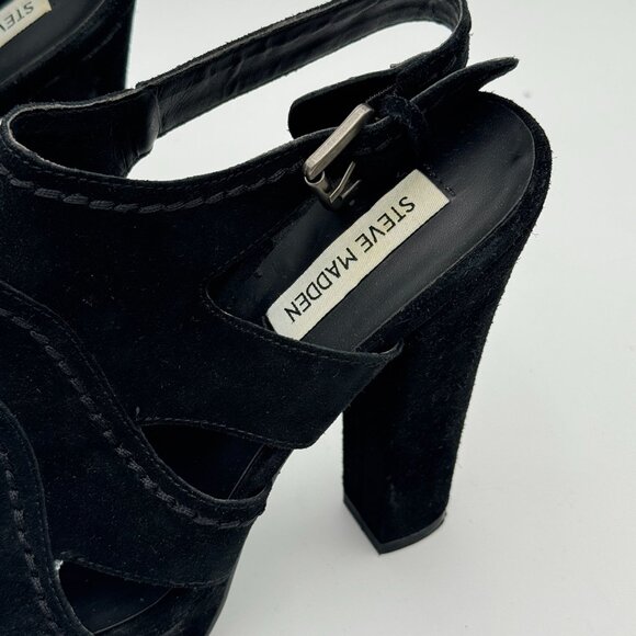 Steve Madden Suede Leather Cutout Platform Heels Black Peep Toe Chunky Slingback - Picture 10 of 12